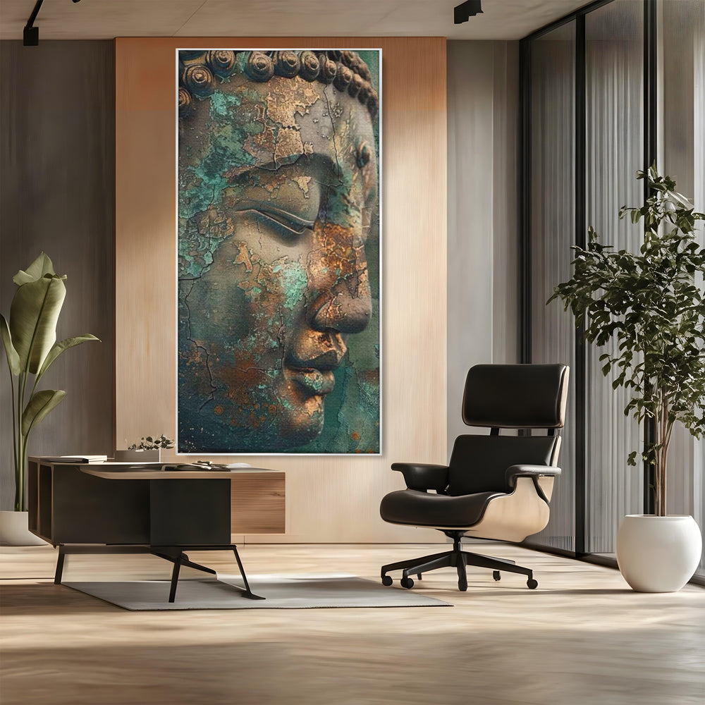 Tablou canvas cu tablou canvas cu profil de buddha, in rama de aluminiu argintiu, pe perete intr-un birou